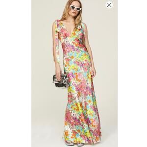 LES REVERIES Mutlicolor Floral A-Line Sheath Plunge Neck Maxi Dress size 10